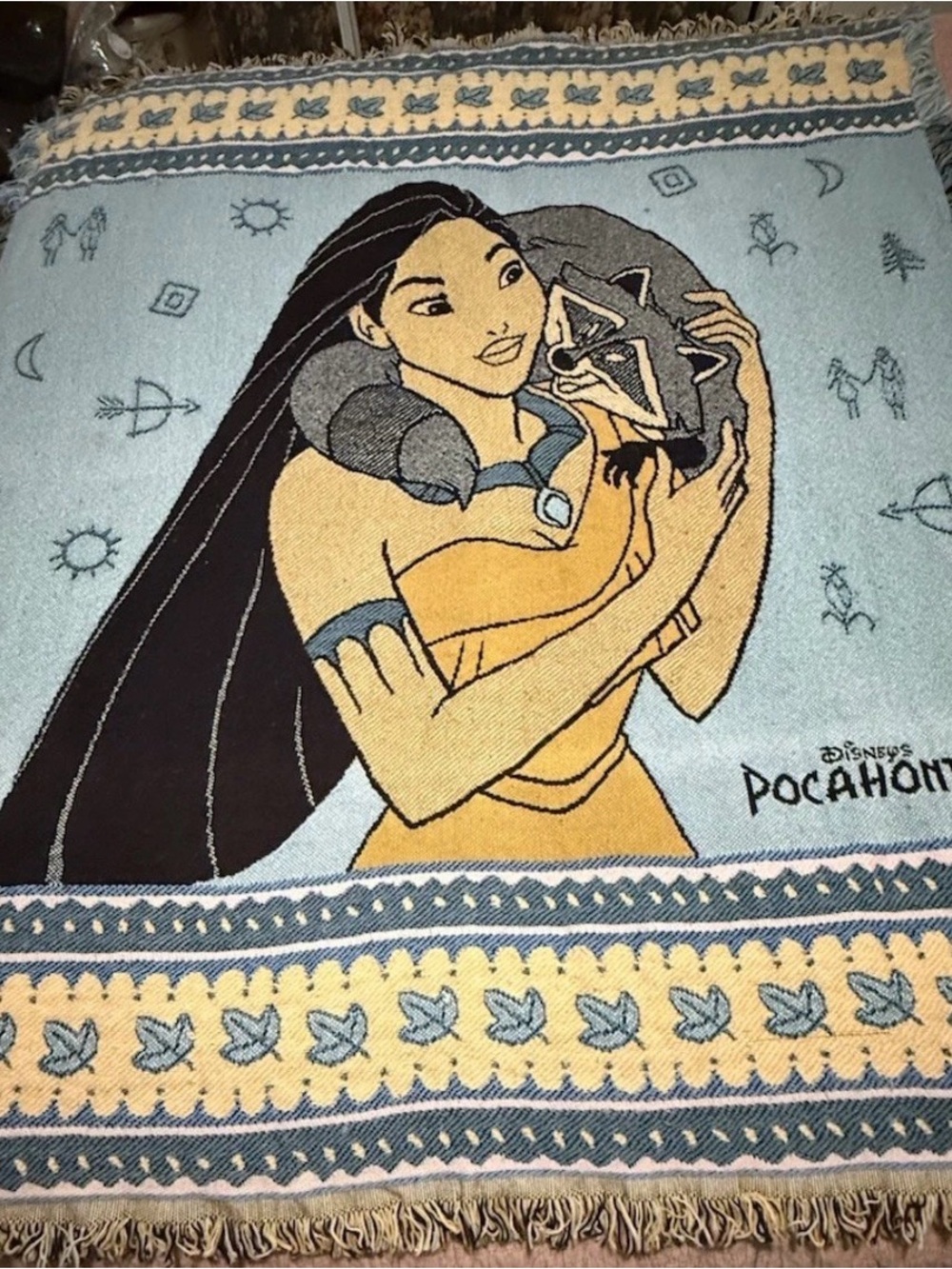 Disney Pocahontas Throw Blanket Vintage 90s Tapestry Meeko Raccoon Fringe Beacon